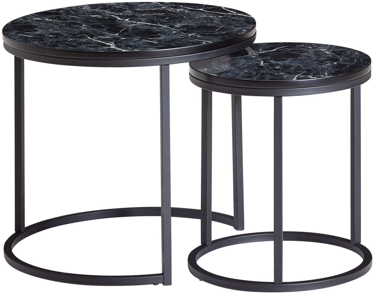 Design Beistelltisch 2er Set Schwarz Marmor Optik Rund, Couchtisch 2-teilig Tischgestell Metall , Kleine Wohnzimmertische, Moderne Satztische Bild 1