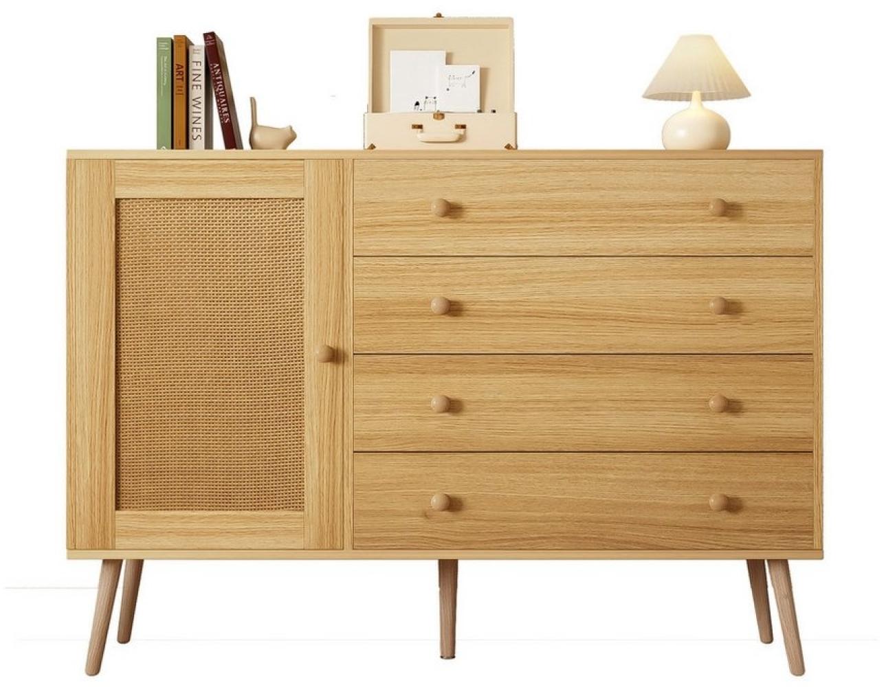 MODFU Sideboard Holzseitenschrank mit Ausreichend Stauraum (Kommode, Anrichte, 1 St, 4 Schubladen und 1 Schranktür), mit Geflochtene Rattan-Textur, 120 L x 40 B x 83 H Bild 1