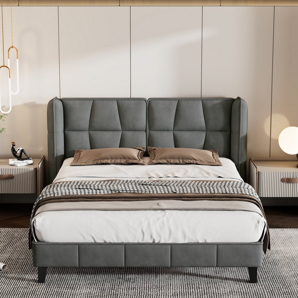 STILVORA Polsterbett 140×200 Jugentbett Bettgestell mit Lattenrost und Kopfteil,grau (140x200 cm, Holzlattenunterstützung, Einfache Montage Samt, grau), Hochwertiges Material Bild 1