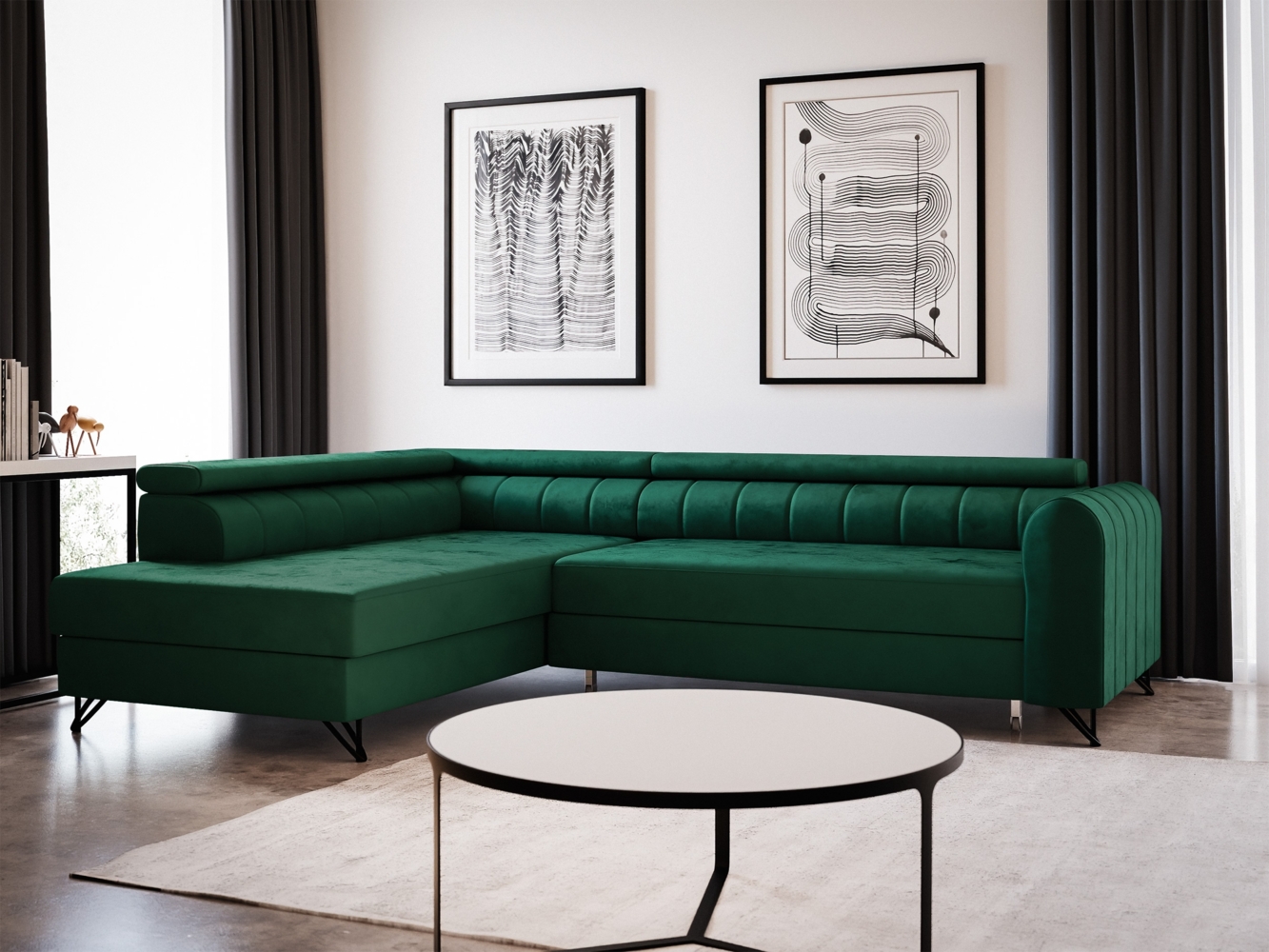 Ecksofa Alice mit Schlaffunktion und Bettkasten, Wohnlandschaft mit einstellbare Kopfstützen, Couch, Sofa, Bettsofa, Schlafsofa (Grün (Kronos 19), Ecksofa Links) Bild 1