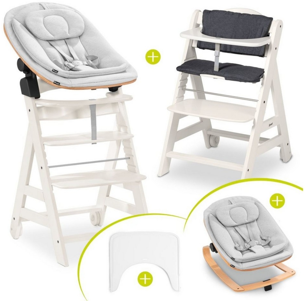 Hauck Hochstuhl Beta Plus White Newbornset Eco - Light Grey (Set), Holz Babystuhl ab Geburt mit Neugeborenensufsatz, Sitzkissen, Essbrett Bild 1