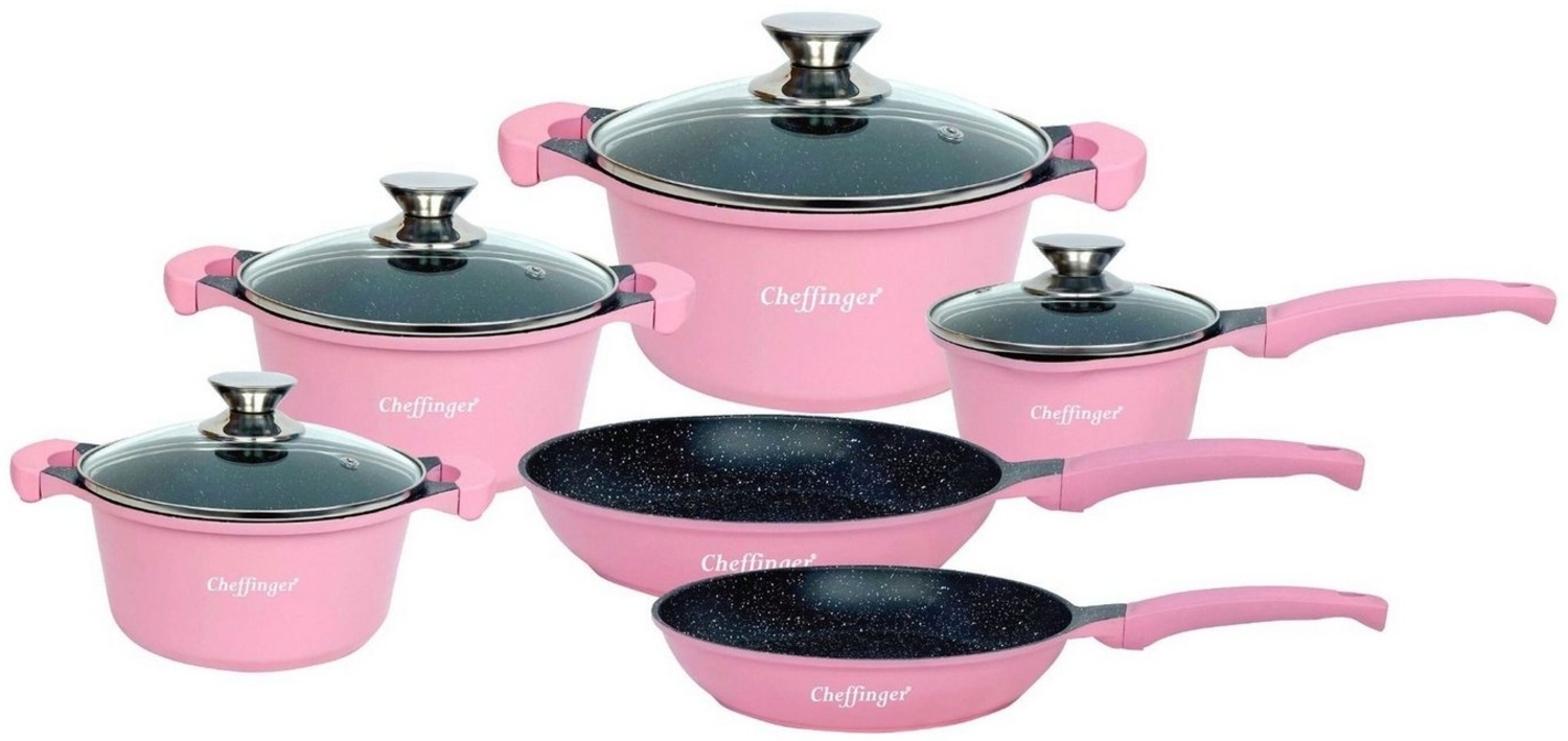 Cheffinger Topf-Set Kochtopf Kasserolle Bratpfannen Set 10-tlg pink Glasdeckel Cheffinger, Material: Aluminium, Stahl, Glas (Koch-Set bestehend aus 10 Teilen) Bild 1