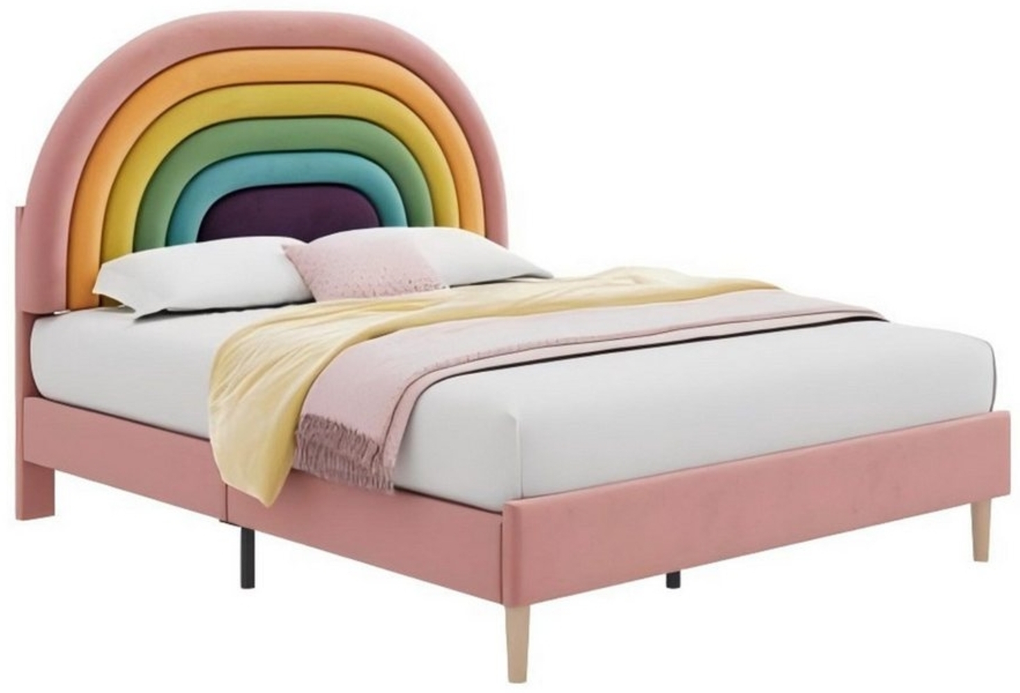 Odikalo Polsterbett Regenbogen Lattenrost verstellbar Kopfteil Samt Beige/Rosa 140/90x200 Bild 1