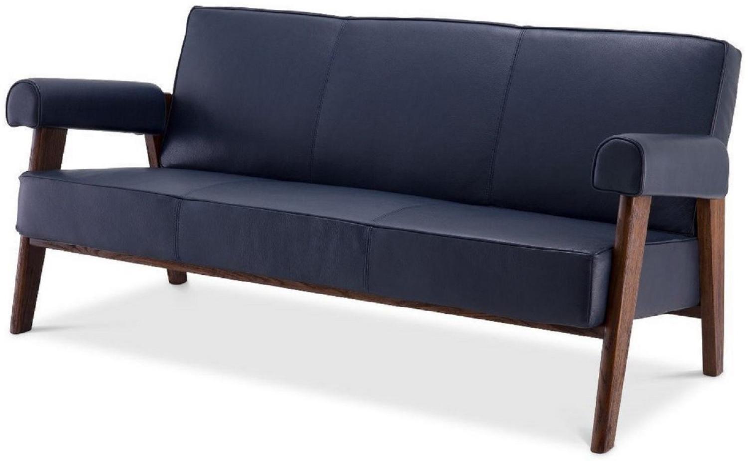 Casa Padrino Luxus Echtleder Sofa Blau / Braun 160 x 78 x H. 74 cm - Wohnzimmer Sofa mit edlem Büffelleder Bild 1