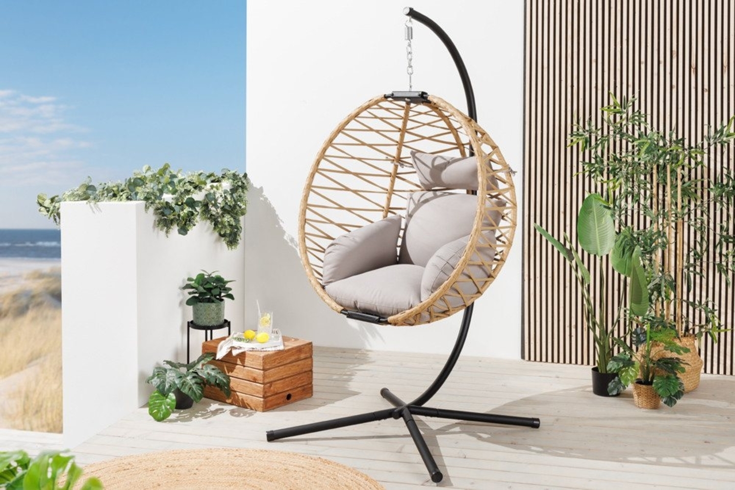 riess-ambiente Hängesessel IBIZA natur-beige / anthrazit (Einzelartikel, 1-St), Outdoor · Stahl · Gartenmöbel · zusammenklappbar · Polyrattan · Balkon Bild 1