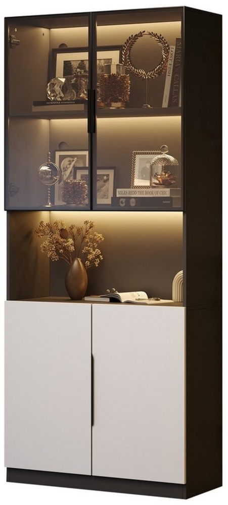 OKWISH Vitrine mit verstellbare Trennwand (Bücherregal für Sammlerstücke, 1-St, 4 Türen(2 Glastüren) mit LED-Leuchten,Glastüren und Aluminiumrahmen für Dekoration Bild 1