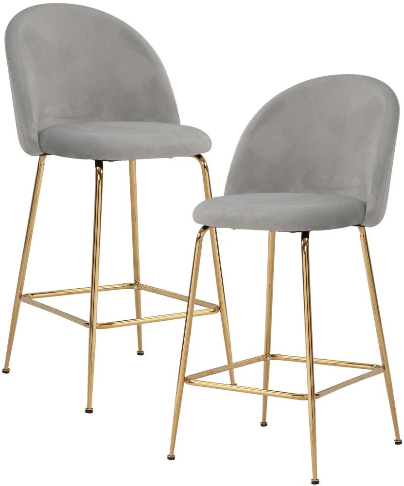 FineBuy 2er Set Barhocker Samt Hocker mit Lehne & goldenen Beinen, Küchenhocker Skandinavisch Stoff / Metall 110 kg, Design Barstuhl Tresenhocker, Bistrohocker Gepolstert Grau Bild 1