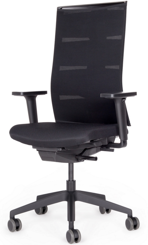 bümö SitzMeister Bürostuhl ergonomisch, Stoff & Netzbezug in schwarz - Ergonomischer Drehstuhl mit Rollen, Stuhl mit Armlehne, Synchronmechanik uvm. - Belastbarkeit 150 kg, BUL-SitzMeister-Startup-Netz Bild 1