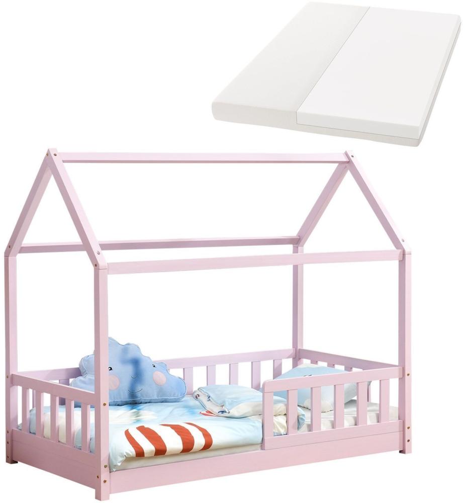 Juskys 'Marli' Kinderbett, mit Matratze, Rausfallschutz, Lattenrost & Dach - Massivholz Hausbett für Kinder - Bett in Rosa, 80 x 160 cm Bild 1