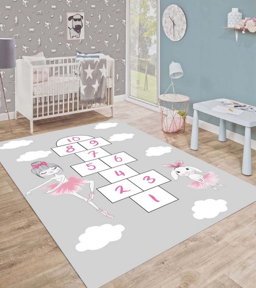 Jungengel Teppich Mädchen Spielteppich Hüpfspiel – Rosa Lernteppich mit Ballerina Motiv, Hüpfspiel lernen mit Spaß im Kinderzimmer Bild 1