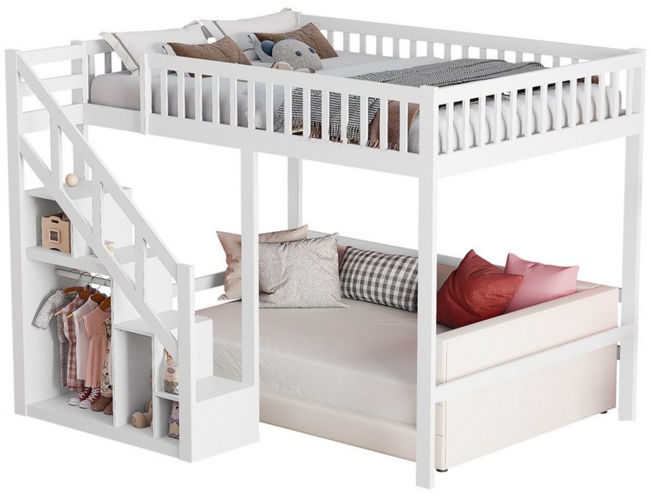 FUROKOY Hochbett mit Treppe, Ablagefächern, Rausfallschutz und Holzlattenrost Kinderbett 90x200 cm, Kiefer Massivholz Einzelbett Bettgestell, Weiß Bild 1
