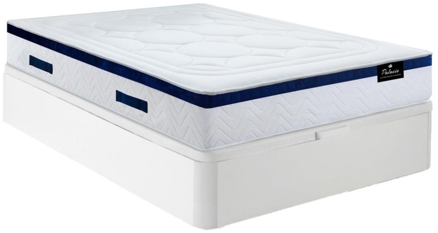 Vente-unique - Set aus Bettgestell mit Bettkasten + Taschenfederkernmatratze - 160 x 200 cm - Hybridmatratze - Weiß - Stärke 30 cm - MARQUIS von PALACIO Bild 1