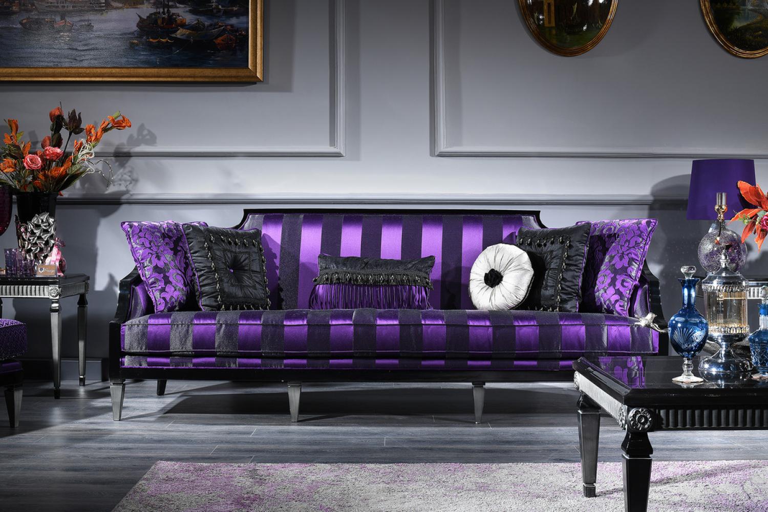 Casa Padrino Luxus Barock Sofa Lila / Schwarz / Silber 244x95 x H. 88 cm Bild 1