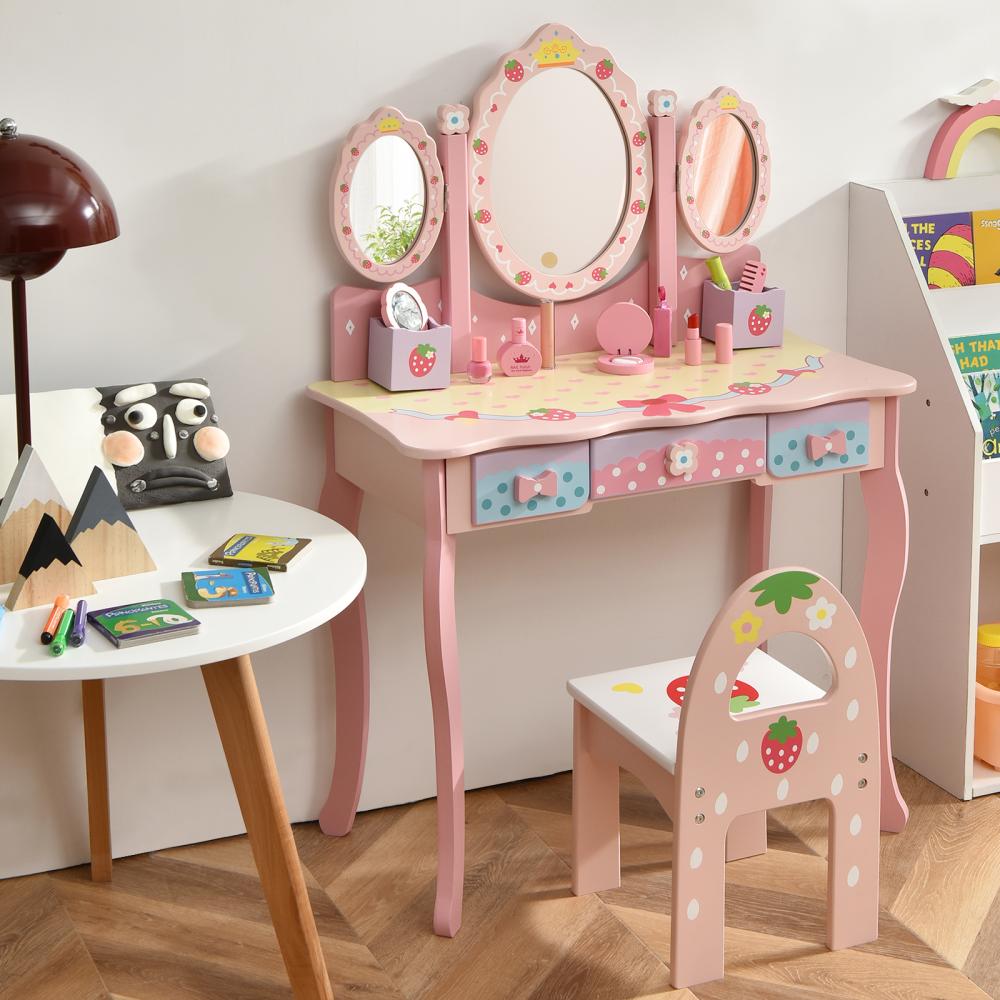 COSTWAY Kinder Schminktisch Set, Prinzessin Frisiertisch mit Klappbarem Spiegel, Schminkhocker und 3 Schubladen, Make-up Schminktisch Frisierkommode für Kinder Mädchen (Pink) Bild 1