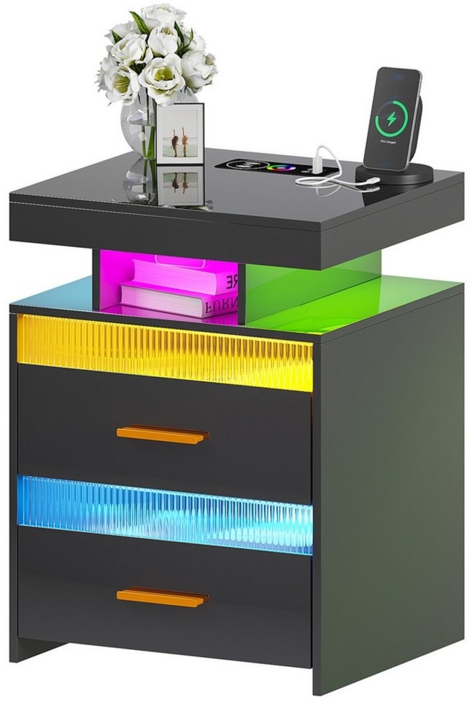 LVifur Nachttisch mit 24 Farben RGB Licht, USB- & kabelloser Ladefunktion, 2 Schubladen (1-St), Bewegungssensor, Hochglanz-Oberfläche, 45x40x60 cm, schwarz Bild 1