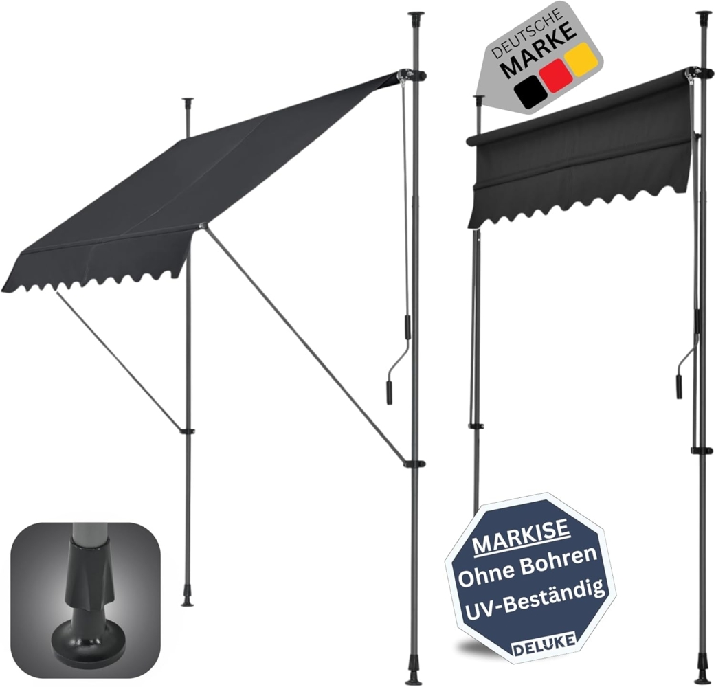 DELUKE® Klemmmarkise 250cm breit - mit Handkurbel Balkonmarkise ohne Bohren Sonnenschutz UV-beständig Sonnenmarkise höhenverstellbar Markise mit Gestell 250x120x200-300cm Schwarz Bild 1