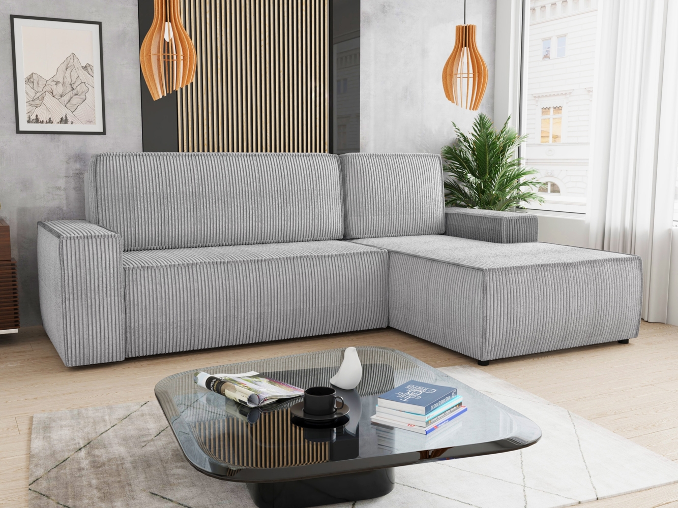 Ecksofa Totti L mit Schlaffunktion und Bettkasten - Cord Stoff - L-Form Couch, Polstersofa, Schlafsofa, Sofagarnitur (Grau (Poso 110) Seite: Rechts) Bild 1