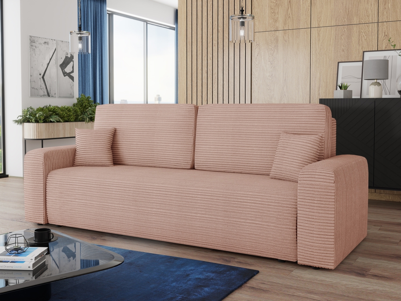 Schlafsofa Spark – Sofa mit Schlaffunktion und Bettkasten, Bonellfederkern, Cordbezug, große Schlaffläche, modernes Polstersofa & Bettsofa (Pink (Poso 052)) Bild 1