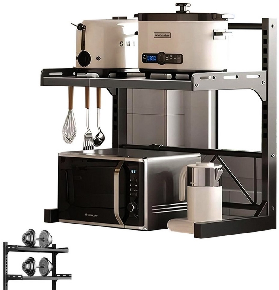 MODFU Küchenregal Multifunktionales Mikrowellenregal Haushaltsregal, höhenverstellbar mit Haken Anti-Rutsch Füße 1-tlg, rostfrei pflegeleicht für Mikrowelle Mini-Ofen Reiskocher Bild 1