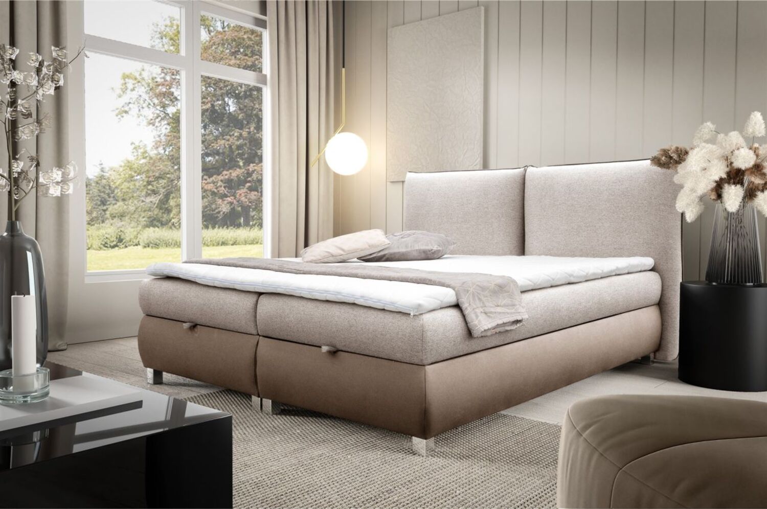 Boxspringbett Schlafzimmerbett VALENTIN 160x200cm Stoff Neve-Vega Hellbraun-Dunkelbeige Bild 1