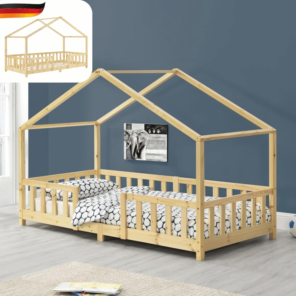 DELUKE® Kinderbett 90x200 cm MILA - mit Lattenrost Rausfallschutz Hausbett Kinder Haus Bett Kinderzimmer Bodenbett Einzelbett Kinder Bett Klein Kinderbett Montessori Bett Braun Bild 1