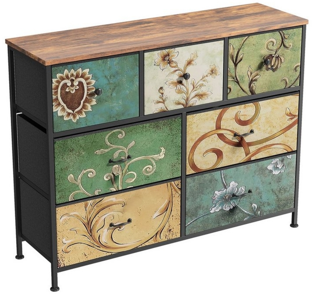 FUROKOY Kommode Vintage Stoffkommode Sideboard mit klappbaren Stoffschubladen (Mehrzweckschrank Aufbewahrungsschrank Holzoptik, Retro-schubladenschrank für Arbeitszimmer Flur Wohnzimmer Schlafzimmer), 7 Stoffschubladen Bild 1