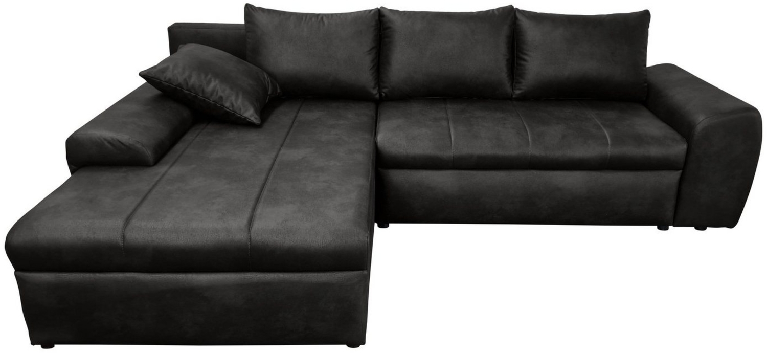 luma-home Ecksofa 18016, mit Bettfunktion 266x186 cm, Ottomane links, Federkern im Rücken, Wellenunterfederung,Bettkasten, Mikrofaser Leder-Optik Vintage Schwarz Bild 1