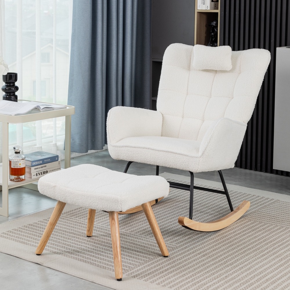 Schaukelstuhl Weiß mit Fußhocker, Teddy-Fleece, Gummibaumholz, breiter Sitz 65 cm, Kopfstütze, stabiler Relaxstuhl Bild 1
