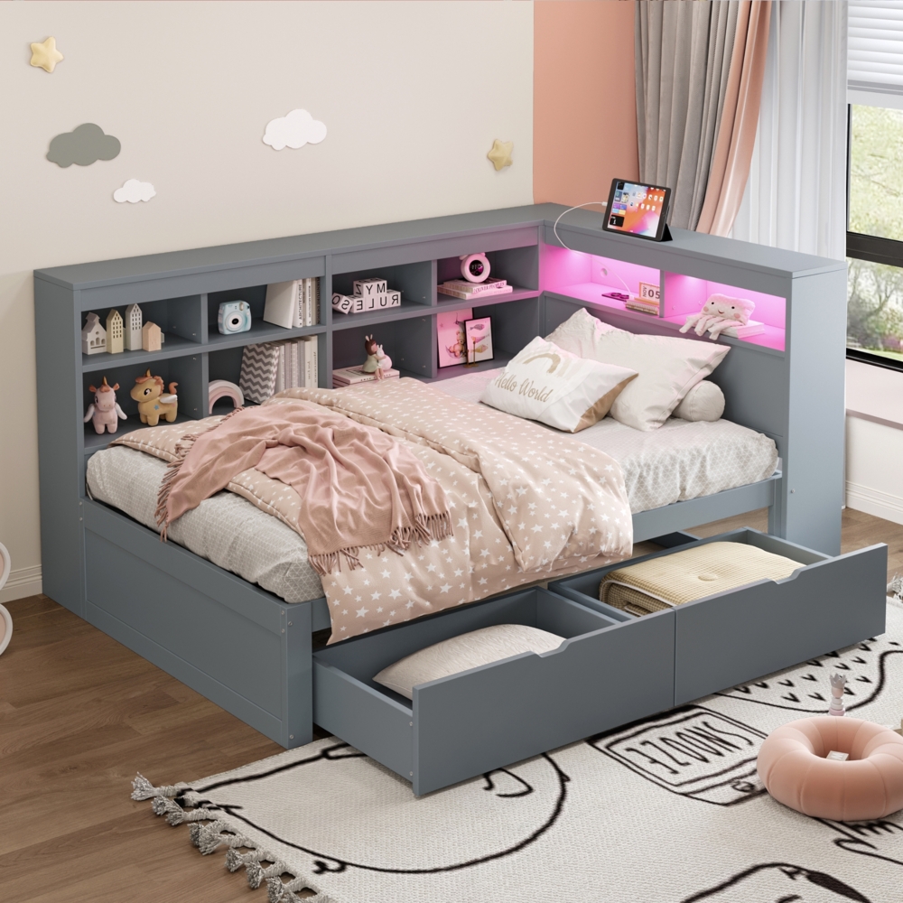 Merax Daybett Massivholzsofa 90*200 cm, Mit Ablagefächern, Bett mit USB- und Steckdose mit LED-Leiste, Mit Regalen und Ablagefächern, Viel Stauraum, Multifunktionales Einzelholzbett, Grau Bild 1