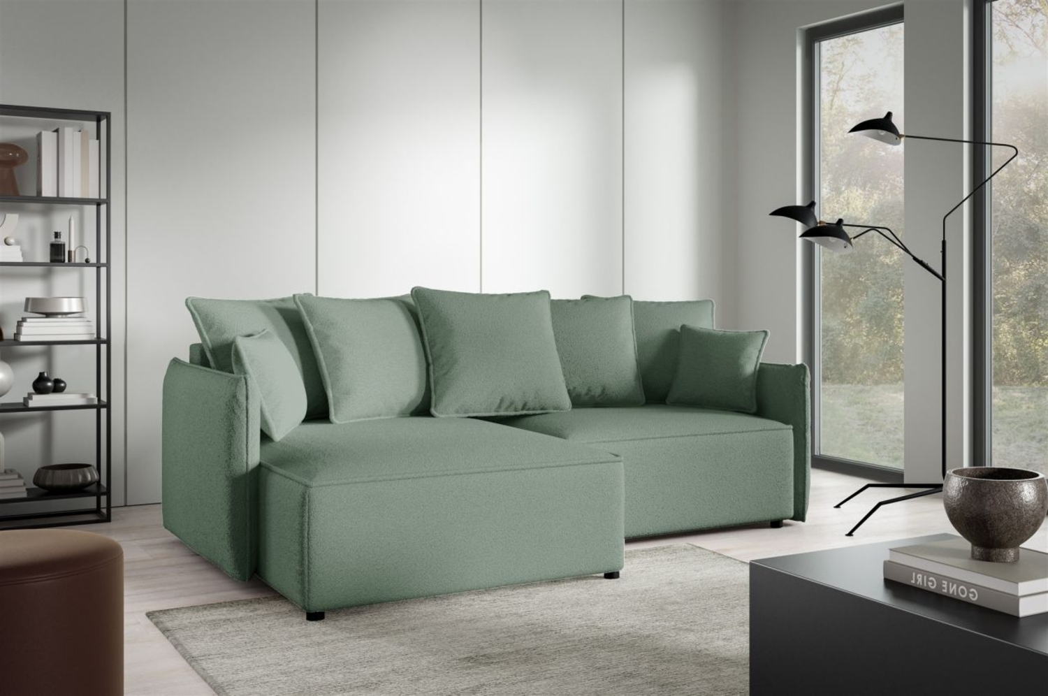 Ecksofa Schlafsofa Sofa MINEA in Stoff Abriamo Hellgrün Ottomane Links Bild 1