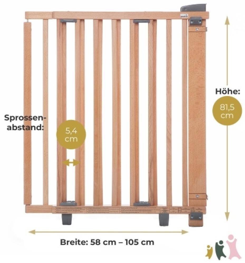 Geuther schwenkbares Türschutzgitter, TÜV/GS zertifiziert, Türgitter, Treppenschutzgitter (58 cm - 105 cm, zum Bohren, extra hohes Babygitter, stufenlos einstellbar), unbehandeltes Holz Bild 1