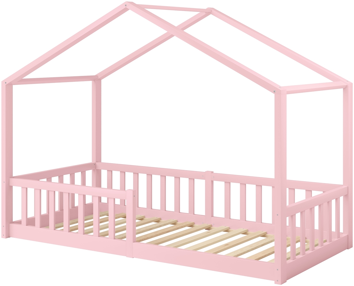 Bellabino 'Bia' Hausbett 90x200 cm, rosa, Kiefer Massivholz, Bodenbett in Hausoptik, Montessori Kinderbett mit Rausfallschutz und Lattenrost Bild 1