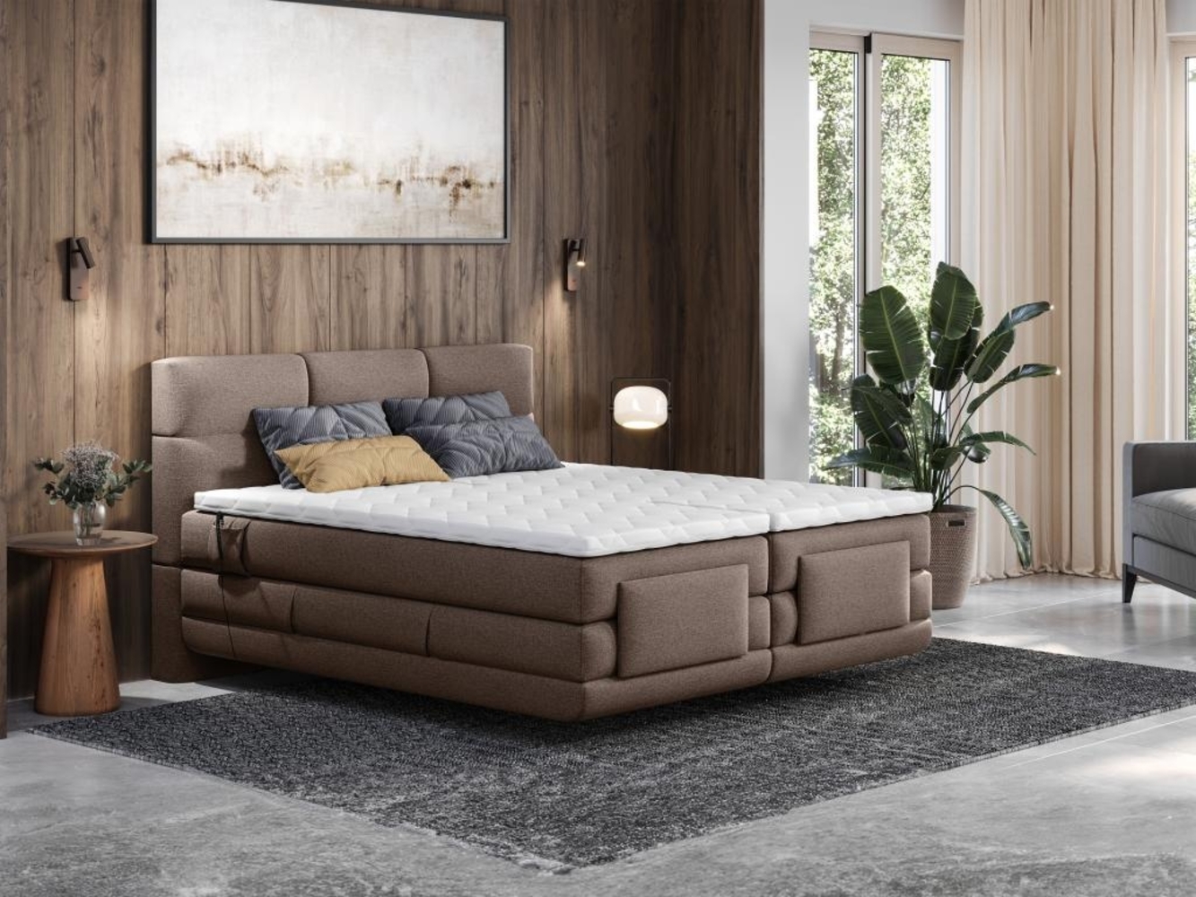 Vente-unique - Boxspringbett mit gestepptem Kopfteil + elektrischem Untergestell mit Relaxfunktion + Matratze + Topper - 2 x 80 x 200 cm - Stoff - Braun - LODI von PALACIO Bild 1