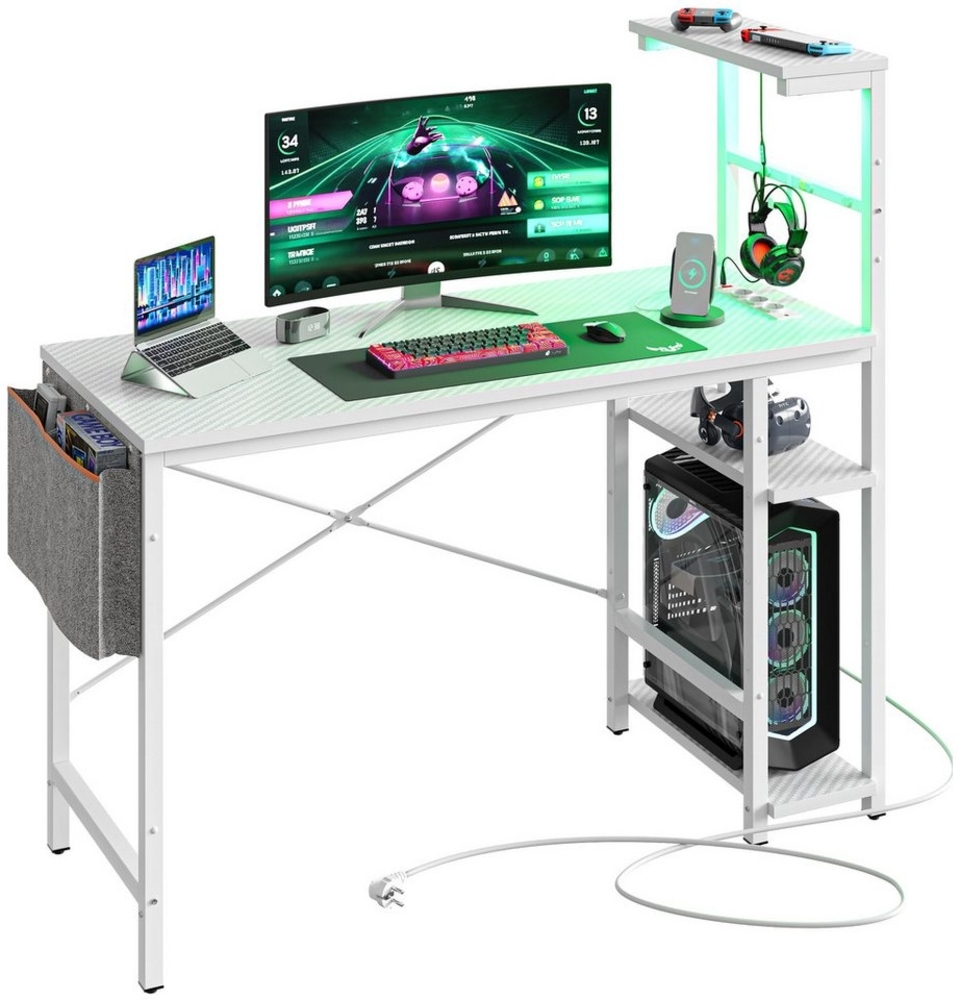 Bestier Gamingtisch Gamingtisch mit LED-Beleuchtung, Steckdosen, 113x50 cm Computertisch (1 Tisch), PC-Gaming-Tisch mit Headset-Haken für Heimbüro Kleiner Raum Bild 1