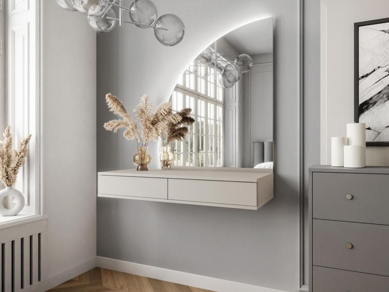 Vente-unique - Frisiertisch hängend mit LED-Spiegel - 2 Schubladen - Beige matt - JINEZA Bild 1