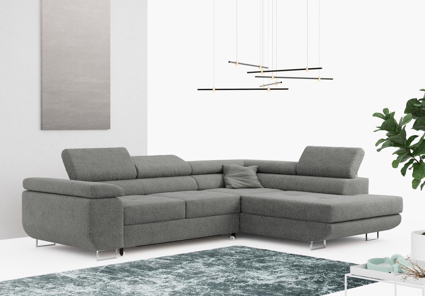 Ecksofa L-Form Couch mit Schlaffunktion und Verstellbare Kopfstützen - GUSTAW - Grau Boucle - Rechts Bild 1