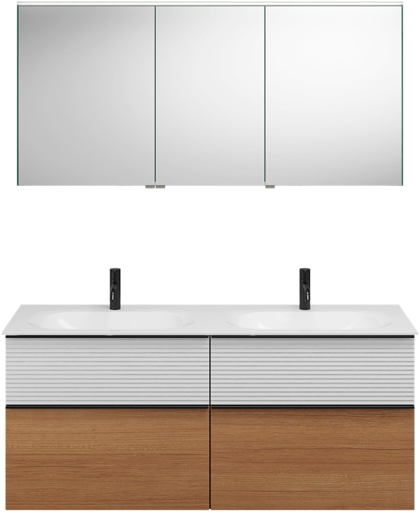 Burgbad FIUMO Waschtisch Set mit Spiegelschrank 142 cm breit, Weiß/Braun, Doppelwaschbecken Gussmarmor Weiß, 4 Schubladen, Anschlag rechts Bild 1