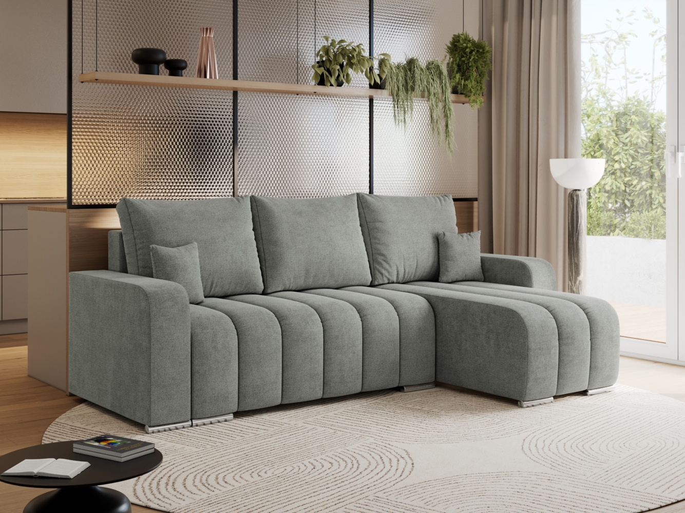 Universelles Ecksofa in Streifen genäht mit Schlaffunktion und Bettkasten, modern Stil - KIRASSO - Grau Stoff Bild 1