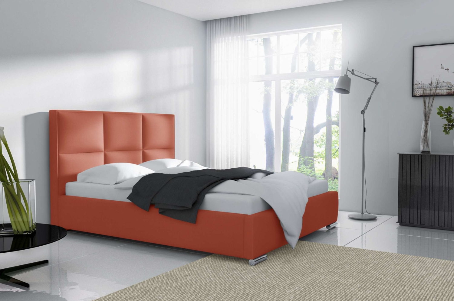 99rooms Jacob Polsterbett 140x200 cm Velours MONOLITH Korallenrot mit Bettkasten Bild 1