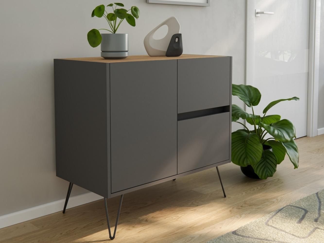 Raumwunder S Sideboard Kommode Greifraum 80cm 2 SoftClose 1 Tür Grafit/Eiche Top : Grafit / Oak Gold Bild 1