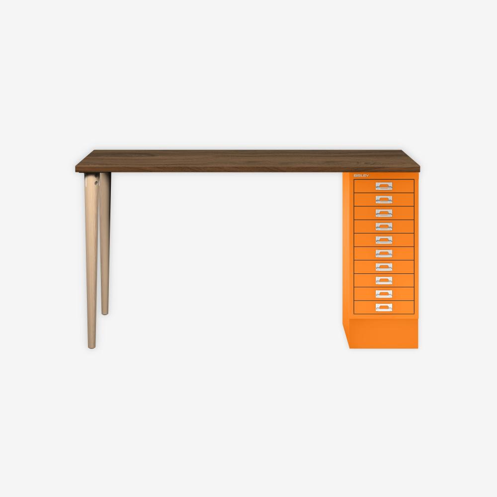 MultiDesk, 2 Eichenfüße, 1 MultiDrawer mit 10 Schüben, Dekor Nussbaum, Farbe Orange, Maße: H 740 x B 1400 x T 600 mm Bild 1