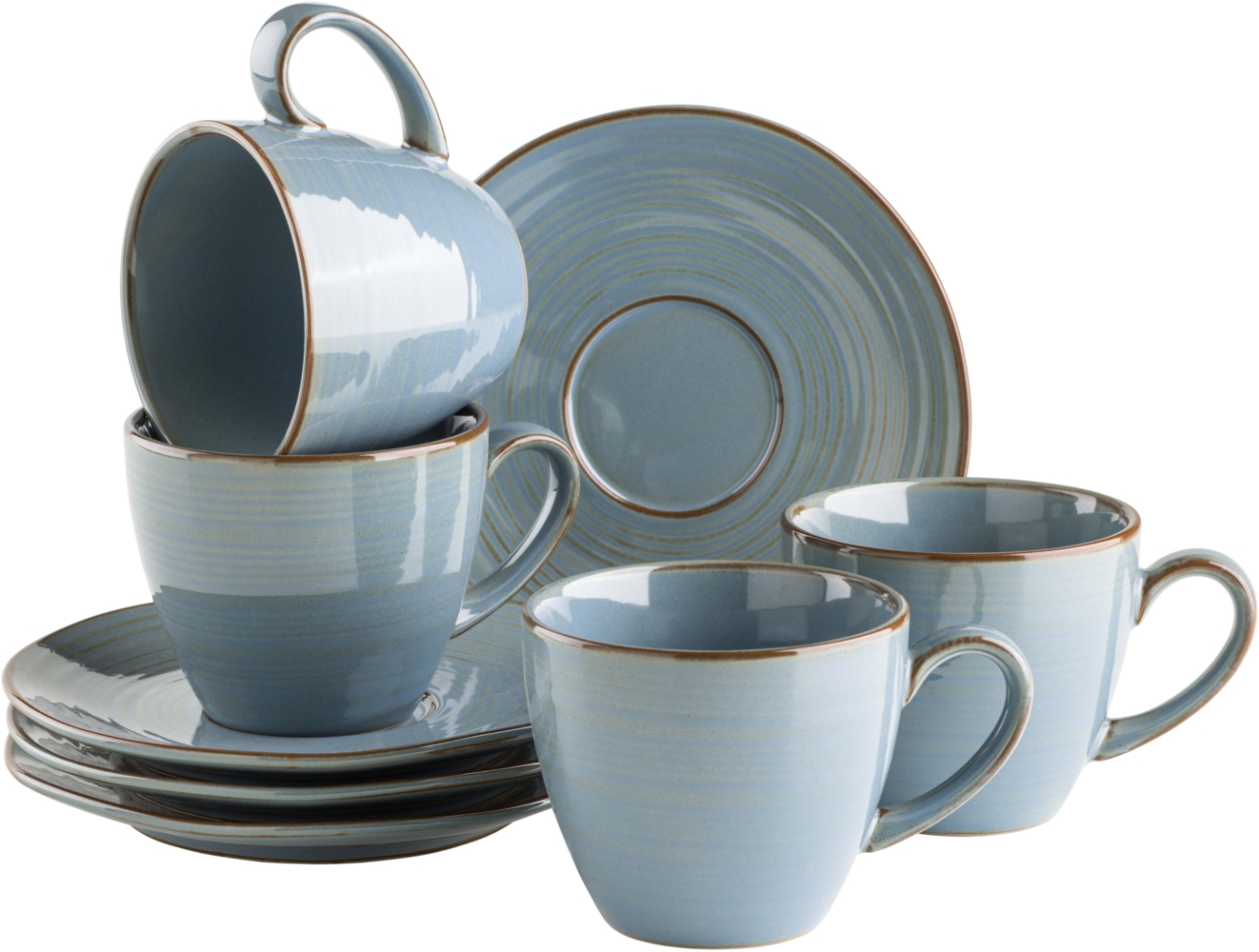 Vintage Kaffeetassen Set fr 4 Personen, Untertassen mit unregelmigen Rundungen im Retro Look; Blau / Grau Bild 1