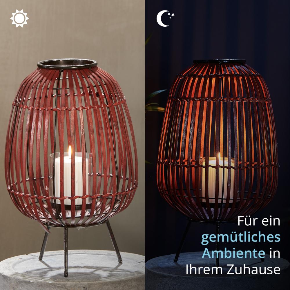 KHG Windlicht 40 cm in rot aus Bambus/Metall, mit Glaseinsatz, Kerzenständer, Kerzenhalter, Outdoor und Indoor, Deko, für Wohnzimmer, Balkon, Terrasse, Garten usw. Bild 1