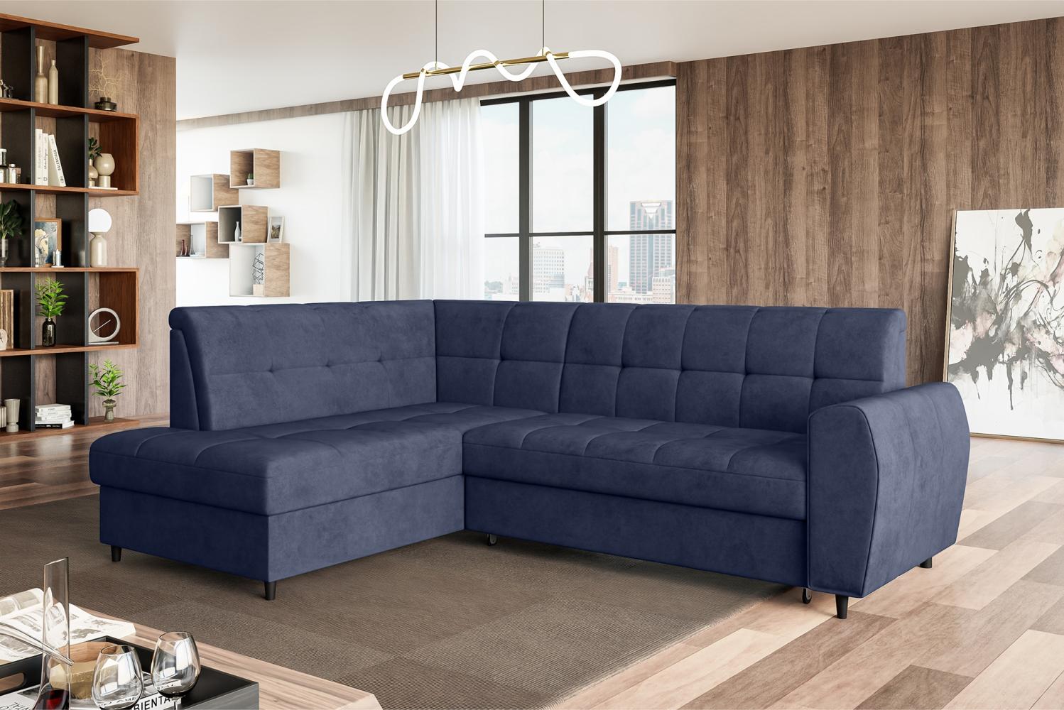 MEBLINI Schlafcouch mit Bettkasten - ASPEN - 236x171x85cm Links - Blau Samt - Kleines Ecksofa mit Schlaffunktion - Sofa mit Relaxfunktion - Kleine Couch L-Form - Eckcouch Bild 1