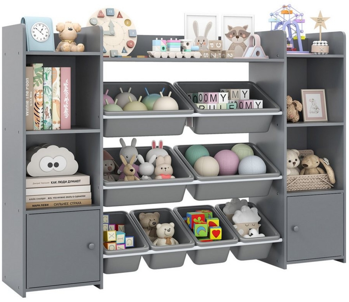 COSTWAY Kinderregal, 4-stöckiges Spielzeugregal mit 8 Boxen, Holz, grau Bild 1