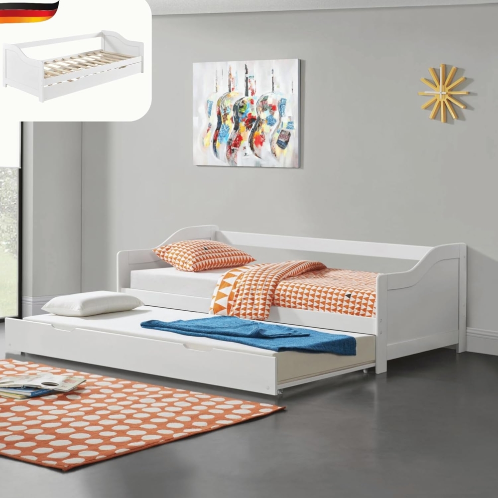 DELUKE® Sofabett ausziehbar KEDO - mit Lattenrost Kiefernholz 2 Schlafplätze Hausbett ausziehbar Kinderbett Kinderzimmer Bodenbett Gästebett Weiß 90x200 cm Bild 1