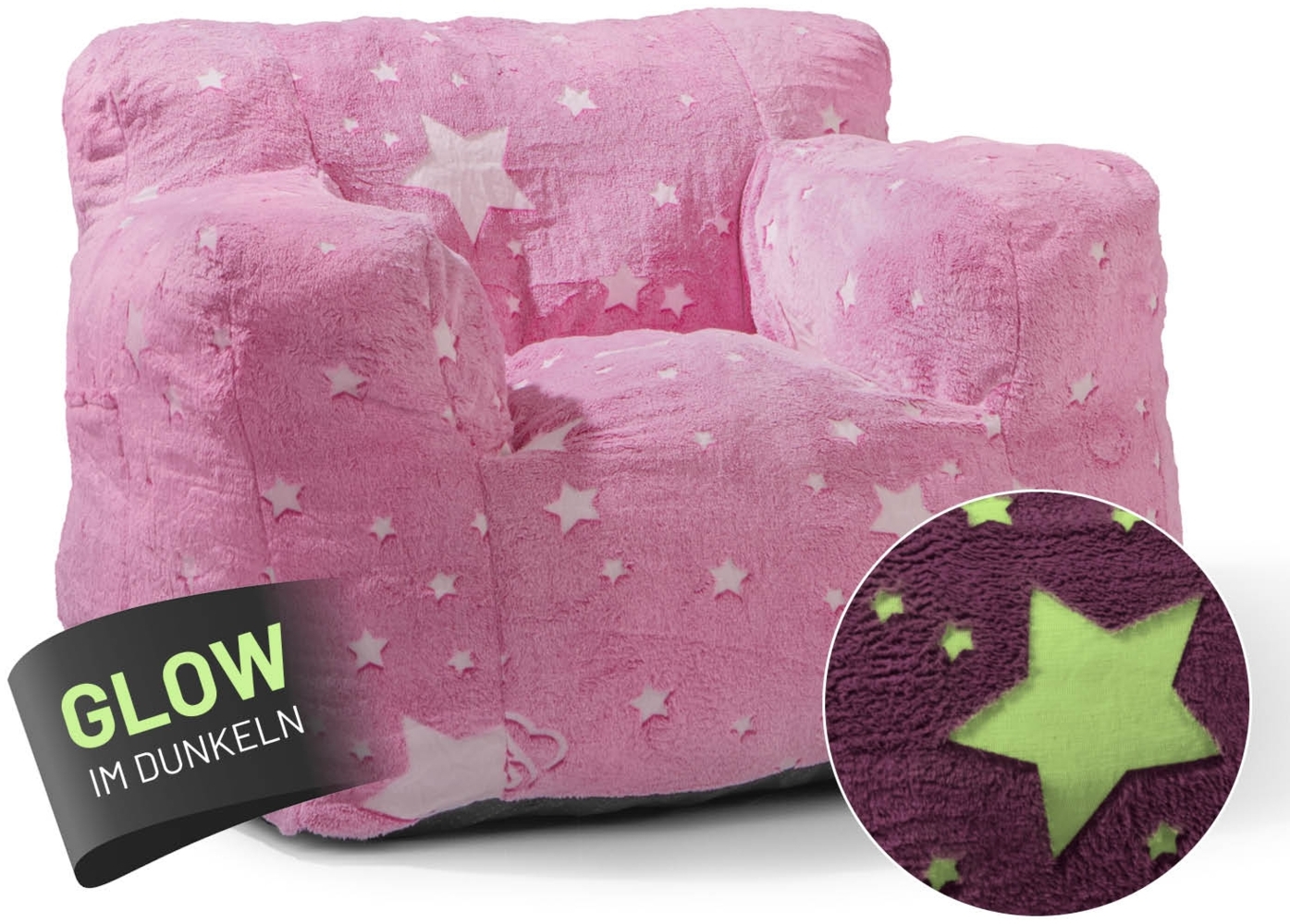 LUMALAND Sessel „Glow in the Dark“ - Kids Size - Sternen-Design - Bezug soft & waschbar - Pink Bild 1