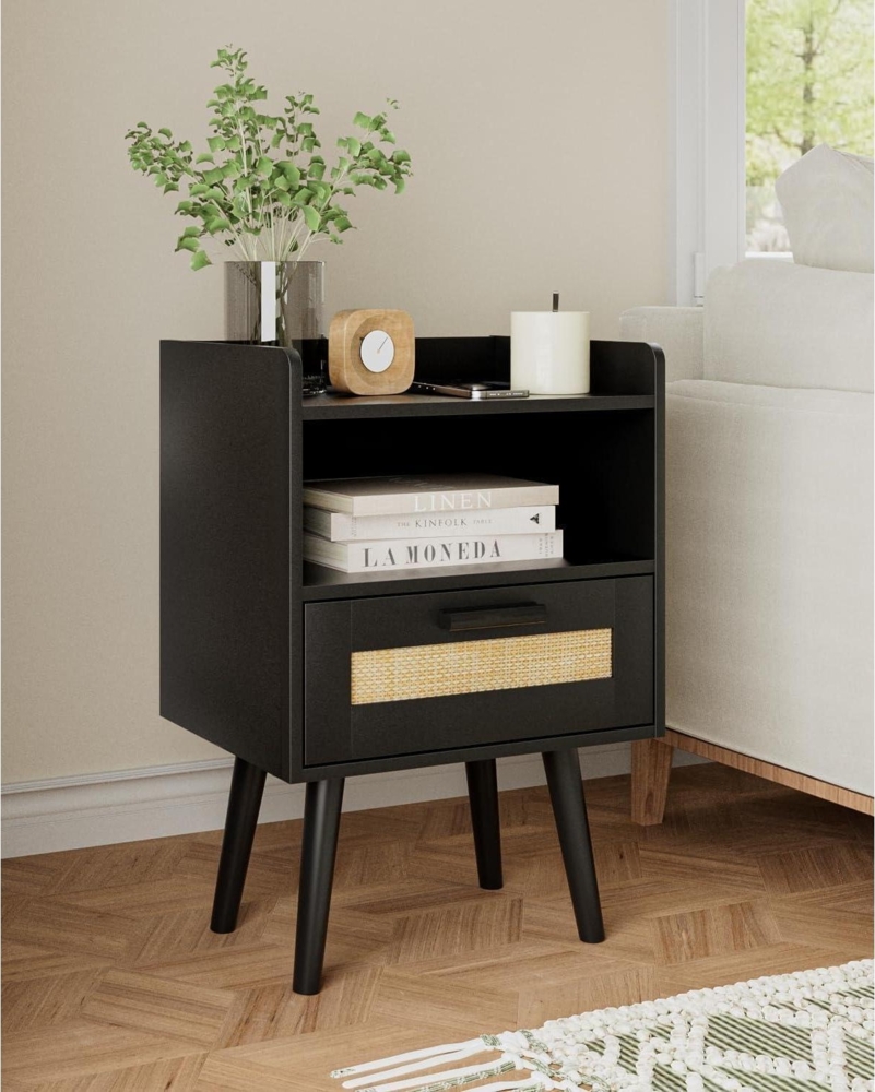 Rattan Nachttisch mit Schublade, Schwarzer Beistelltisch, Goldener Rahmen Bild 1