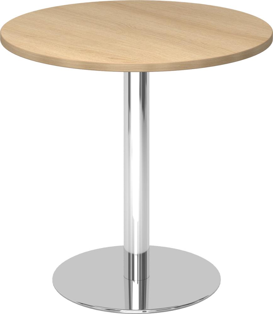 bümö Besprechungstisch, Esstisch klein, Tisch rund 80 cm - kleiner Esstisch Eiche, Rundtisch Esstisch 2 Personen mit Holz-Platte, Säule aus Metall verchromt, Konferenztisch, Bistrotisch, STF08-E-C Bild 1