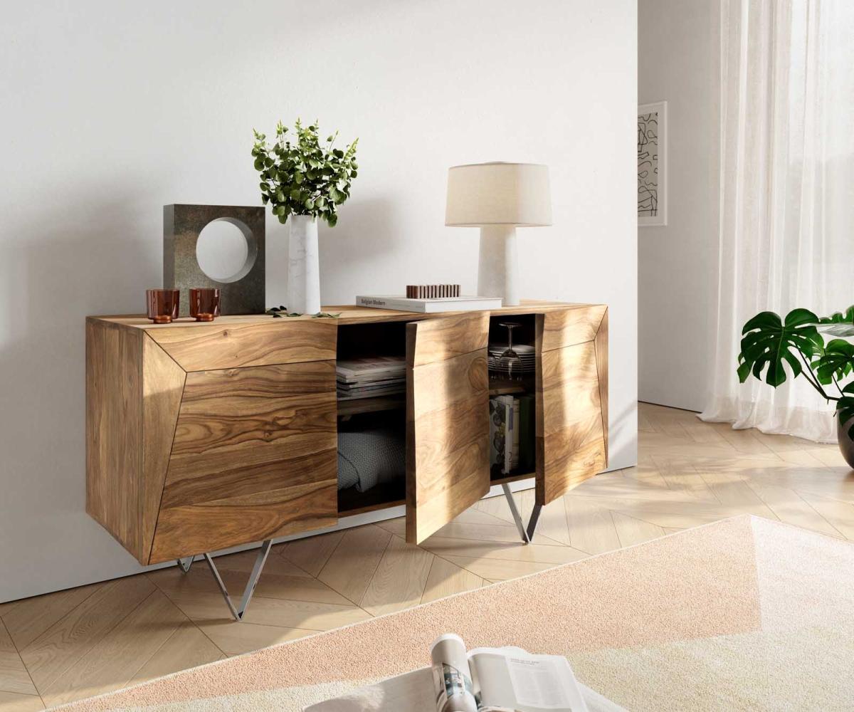 Design-Sideboard Wyatt 150 cm Sheesham Natur 3D Optik oben Edelstahl Bild 1